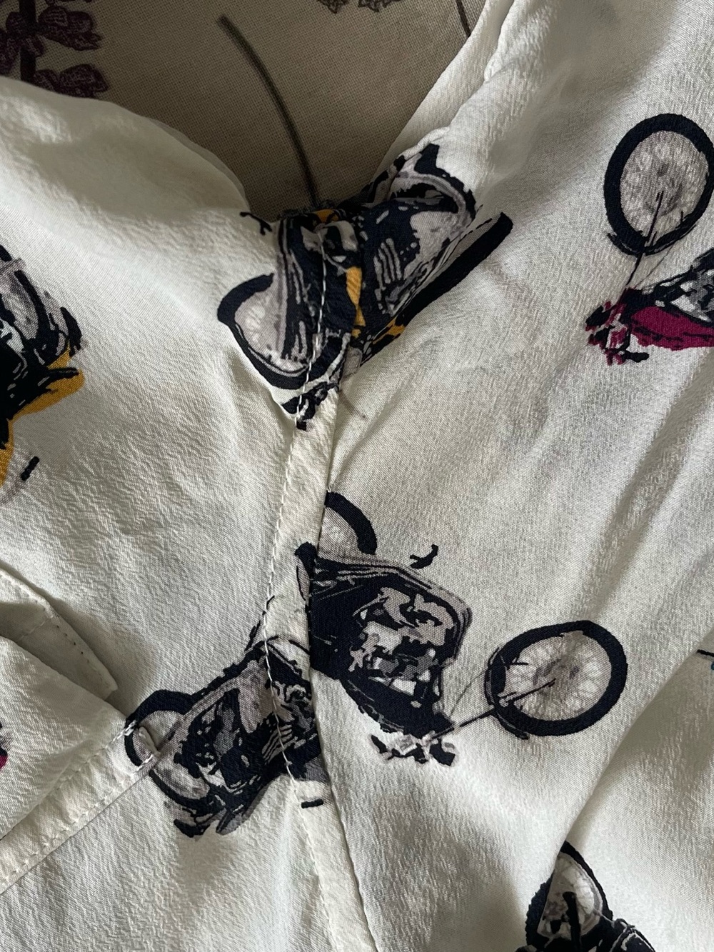 Equipment Cream Blouse with Black and Yellow Motorcycle Print - Picture 8 of 11